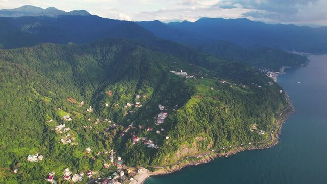 Turkey mountains background with sea shore. Aerial footage of mountains.