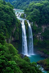 a large waterfall in the middle of a lush green forest