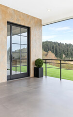 Modern balcony with a view of greenery and trees in a serene environment
