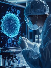 Medical scientist analyzing immune cell interactions to enhance cancer immunotherapy treatments Stock Photo with side copy space