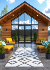 Fototapeta premium Modern outdoor seating area with a scenic view of mountains and greenery
