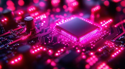 Obraz premium Neon Circuit Board: Microchip's Glowing Core