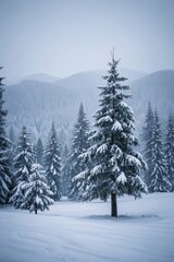 Fototapeta premium snowy trees in a field with a mountain in the background
