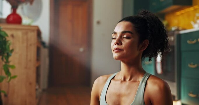 Woman, calm and yoga in home for meditation, breathing exercise and wellness in morning. Fitness girl, zen and mindfulness in lounge for stress management, spiritual healing and peace to align chakra