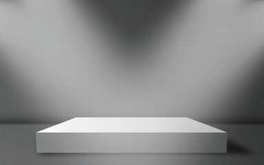 A white square podium on a gray background with two spotlights shining from above, digital design.  Clean and simple 3D render, minimalist composition.  Perfect for product mockups or presentations.