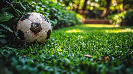 Forgotten Game: A weathered soccer ball rests peacefully on lush green grass, hinting at past adventures and quiet moments in a tranquil garden.