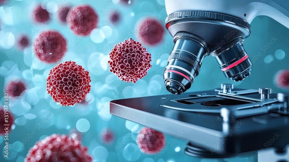 Poster ai powered microscope analyzing cancerous cells under a high-resolution lens medical technology conc
