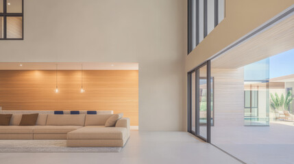 Modern interior design of a spacious living room with large windows and natural light