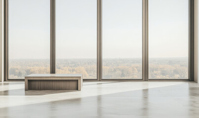 Modern interior design featuring large windows with scenic landscape view at sunrise