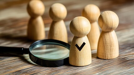 Wooden Figures with Tick Mark and Magnifying Glass on Wood Surface, Selection Concept