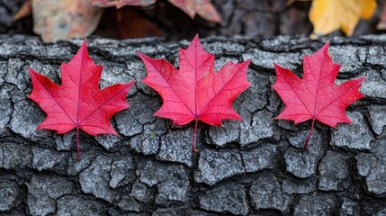 Autumn's Embrace: Three Crimson Maple Leaves on Weathered Bark