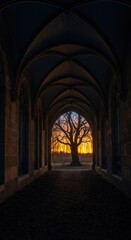 Fototapeta premium Majestic tree silhouetted against a vibrant sunset, framed by gothic architecture in an archway - tunnel of trees