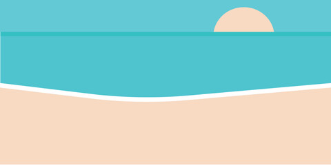 Summer beach background in simple stile. Banner with sea, beach, sky, sun for travel web design, print. Vector illstration