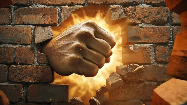 Powerful Fist Breaks Through Brick Wall Symbolizing Strength and Determination