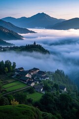 mountains covered in fog and low lying clouds in the distance