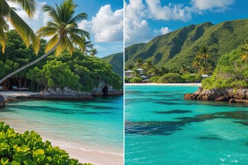 Naklejka premium Picturesque Split Photo of a Tranquil Caribbean Inlet with Vibrant Azure Waters and Idyllic Beach Escape