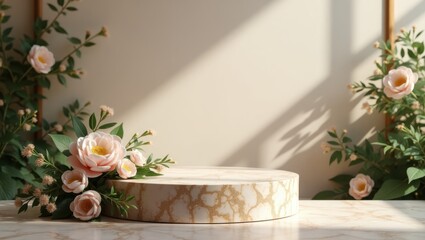 Marble columns in different settings with clean white ceramic podium items