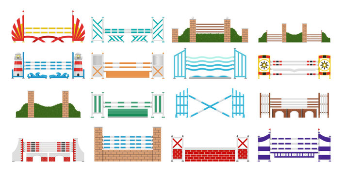 Equestrian show jumping obstacles with rails brick wall set vector flat illustration