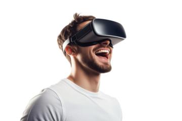 Man in white T-shirt with virtual reality headset, smiling in side view Isolated on transparent Background