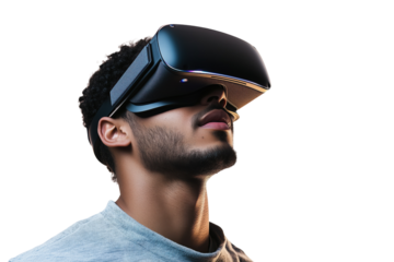 Side view of man with virtual reality headset and happy expression in white T-shirt Isolated on transparent Background