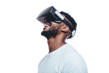 Man in white T-shirt wearing virtual reality headset and smiling in side view Isolated on transparent Background