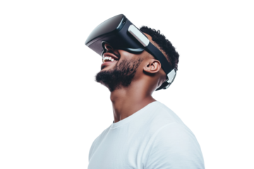 Man in white T-shirt wearing virtual reality headset and smiling in side view Isolated on transparent Background