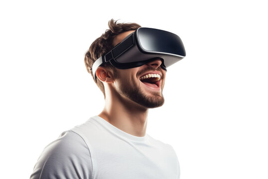 Man in white T-shirt with virtual reality headset, smiling in side view Isolated on transparent Background - Powered by Adobe