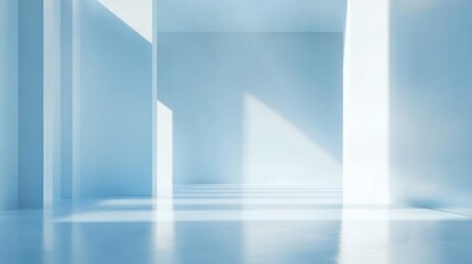 Sunlit minimalist blue interior space with reflective floor and columns.