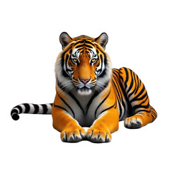 Obraz premium Majestic Bengal Tiger Relaxing on a Dark Background, Showcasing Vibrant Orange Fur and Striking Black Stripes in a Natural and Serene Pose