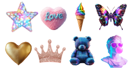 Set of diverse 3D rendered icons including glitter star, fluffy love heart, rainbow ice cream, iridescent butterfly, gold heart, crown, teddy bear, pop art bust.