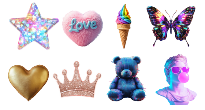 Set of diverse 3D rendered icons including glitter star, fluffy love heart, rainbow ice cream, iridescent butterfly, gold heart, crown, teddy bear, pop art bust.