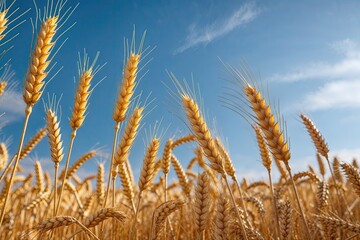Fototapeta premium Charming Countryside Scene with Ripe Golden Wheat and Clear Blue Sky Celebrating Harvest and Natural Beauty