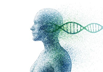 The blueprint of life unfolding, a woman's profile subtly revealed in a delicate, teal and green particle effect, showcasing a DNA helix.