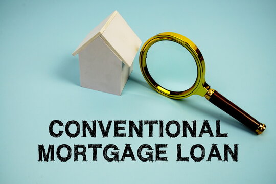 Conventional Mortgage Loan text with White Model House and magnifying glass on blue background

