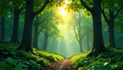 Fototapeta premium Dense forest with sunlight filtering through leaves, sunlight, canopy