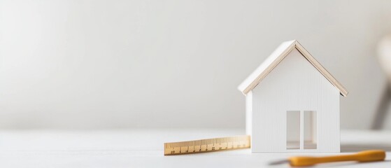Small white toy house with a triangular roof and a small window on the front. the house is placed on a white surface with a yellow ruler next to it.