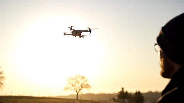 A man stands in a sunlit field, gazing at a drone hovering in the golden sky
