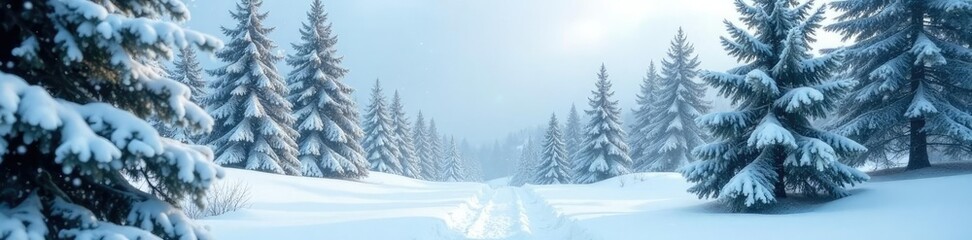 Fototapeta premium Dense snowfall swirls around evergreen trees in a frosty landscape, cold weather, snowflakes