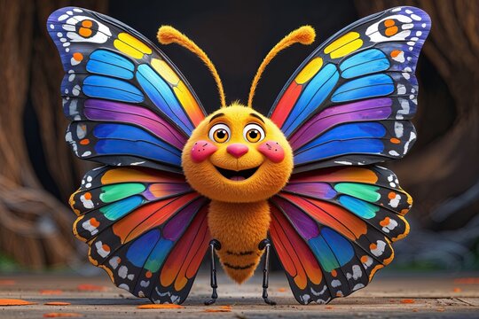 Vibrant Animated Butterfly with Cheerful Face and Colorful Wings for Joyful Children's Art