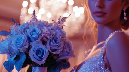 Obraz premium A royal-themed wedding setup with a bride holding an extravagant bouquet of rare blue roses and pearl accents, standing beneath a crystal chandelier.