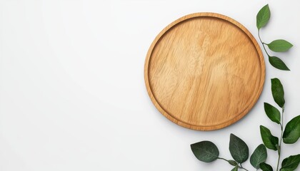 Rustic wedding card mockup displayed on a circular wooden plate, subtle floral decor, random contemporary colors, no text.