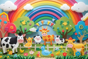 Whimsical Farmyard Scene with Colorful Animals Under a Radiant Rainbow for Children's Decor