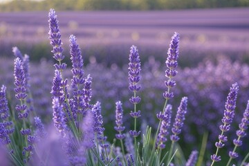 Obraz premium Detailed Closeup of Waving Lavender Flowers in a Serene Field