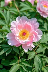 Obraz premium there is a pink flower with a yellow center in the middle of a bush