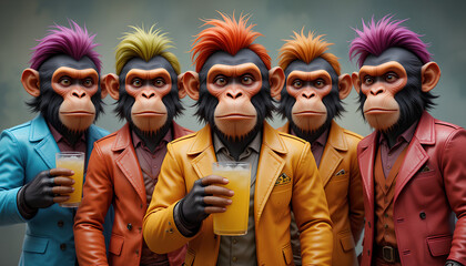 Fototapeta premium Five Stylish Chimps in Colorful Suits Enjoying Refreshments