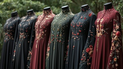 Fototapeta premium Elegant Embroidered Gown Collection: Exquisite Dark Hues