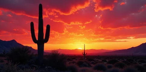 Fototapete Saguaro against a fiery orange sky with silhouetted trees, natural scenery, southwestern landscapes © suchetpong