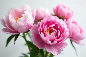 Fototapeta premium Soft pink to deep purple colored peonies in a delicate white background, peonies, garden bouquet