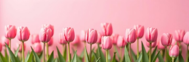 Fototapeta premium Soft pink tulips bloom in a serene field on a pale pink background, flowers, nature landscape, blossoms
