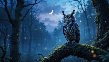 Fototapeta premium Mystical Owl in Enchanted Forest at Night